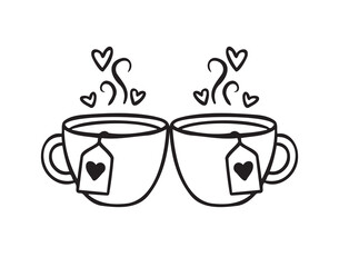 Romantic hand drawn doodle two cups of tea. Cute vector hand drawn illustration isolated. Valentine Day set with love elements.