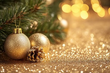 Golden Christmas Background With Festive Glittering Ornaments