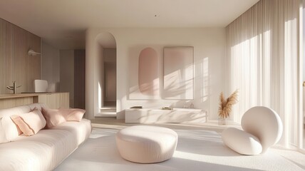 A modern, airy living room featuring soft furnishings, light colors, and large windows, creating a serene and inviting atmosphere.