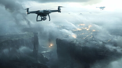 Modern drone flying on a reconnaissance mission, overseeing battlefield operations with precision    