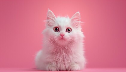 A close-up photo of a cute cat looking directly at the camera against a pink background