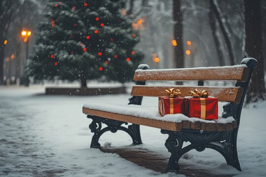 Serene winter landscape with snow-covered bench and christmas tree in park