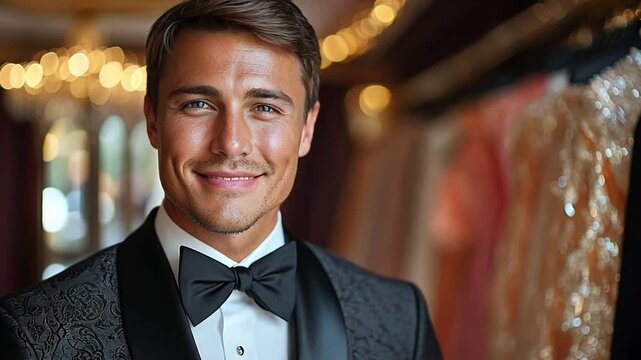 A man in a tuxedo smiles confidently in a formal setting adorned with elegant clothing racks