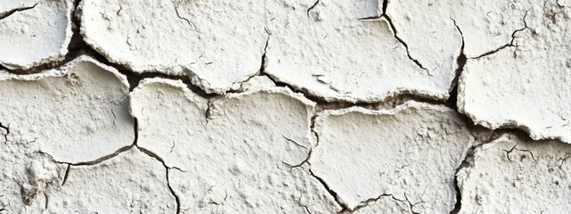 A close-up view of cracked, weathered white plaster or paint on a surface.