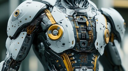 Fototapeta premium Superhuman figure with metallic arms and chest components showing detailed tech panels and circuitry