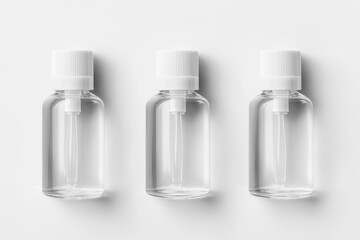 Three transparent bottles with white caps and pumps against a white backdrop