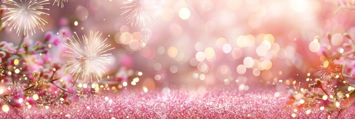 Fototapeta premium Abstract background of pink pastel gold glitter fireworks celebration atmosphere.
