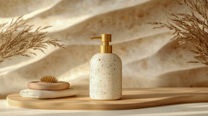 Luxury skincare products displayed with natural elements in a serene spa setting