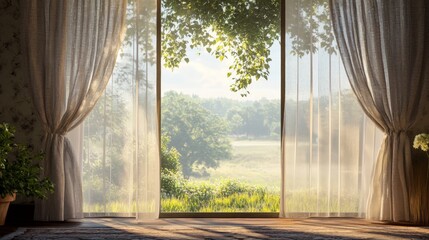 Sheer Curtains Framing a Scenic View, a close-up of a large window adorned with delicate drapes,...