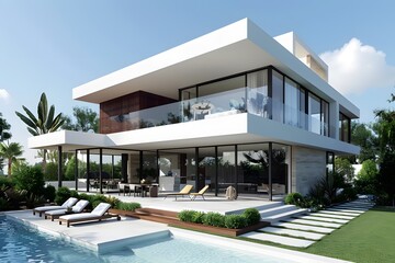Fototapeta premium Modern Luxury Villa with Pool and Lush Landscaping
