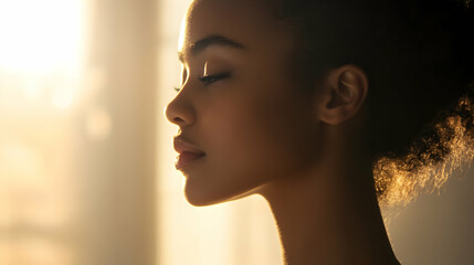 Profile in Natural Light: Elegant profile shot of a woman, emphasizing her features in a softly lit studio.  