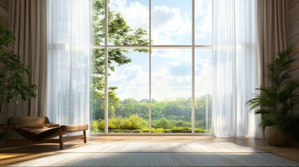 Serene Window View, close-up of a spacious window adorned with delicate sheer curtains, sunlight...