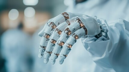 A detailed view of a futuristic robotic hand, representing advanced technology, innovation, and the evolution of human-machine interaction in a sterile environment.