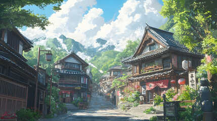 Fototapeta premium Scenic view of a historic Japanese town, with quaint streets and traditional architecture 