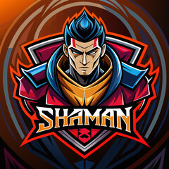 Dynamic esports logo featuring a shaman character with vibrant colors and bold design elements representing gaming spirit