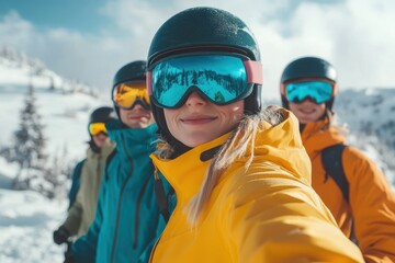 Friends skiing together in the snowy mountains