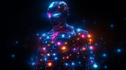 Futuristic bionic person with mechanical components in torso, showing energy-infused limbs and glowing tech nodes