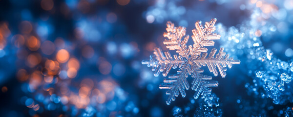 Crystal-like snowflake with transparent texture on softly blurred blue and orange bokeh background, highlighting winter’s delicate beauty