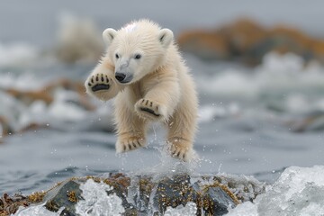 Polar bear cub jumping packice of spitsbergen