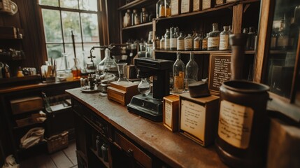 An old-fashioned apothecary shop with shelves full of bottles and jars.