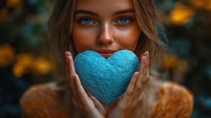 woman holding a blue paper heart symbolizing love care and emotional connection against a soft background evoking warmth and heartfelt sentiments