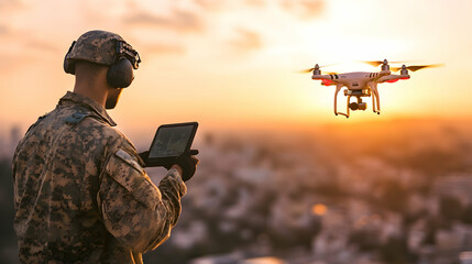 Soldier remotely guiding a drone for strategic surveillance, a symbol of modern warfare innovation   