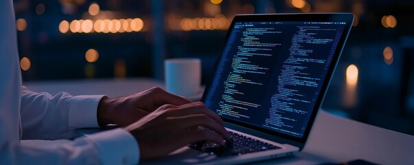 Close-up of programmer typing code on laptop, dim workspace, coding in action