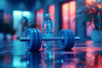 Fototapeta premium A Stylish Dumbbell and Water Bottle in a Vibrant Gym Setting
