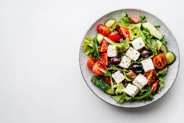 Top view of a fresh vegetable salad with feta and olives on a white background