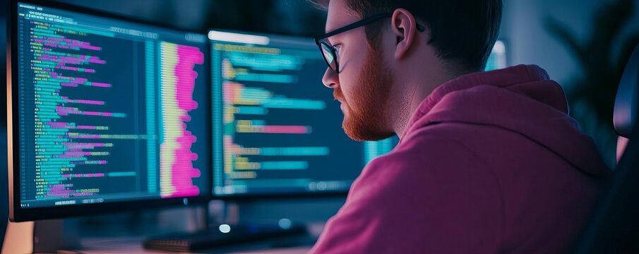 Developer focused on coding, colorful editor on screen, night session
