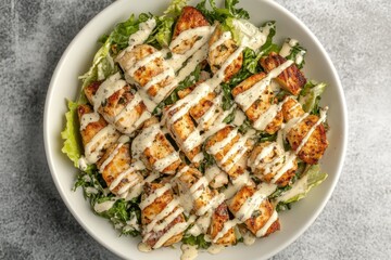 Top view of a white plate with a Chicken Caesar salad and dressing on a concrete surface