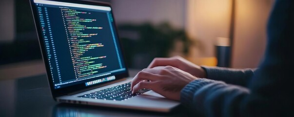 Developer typing on laptop with code on screen, sleek modern desk