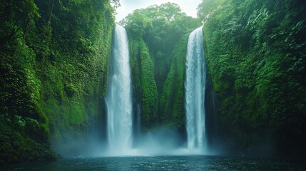 Double Waterfall in Lush Jungle