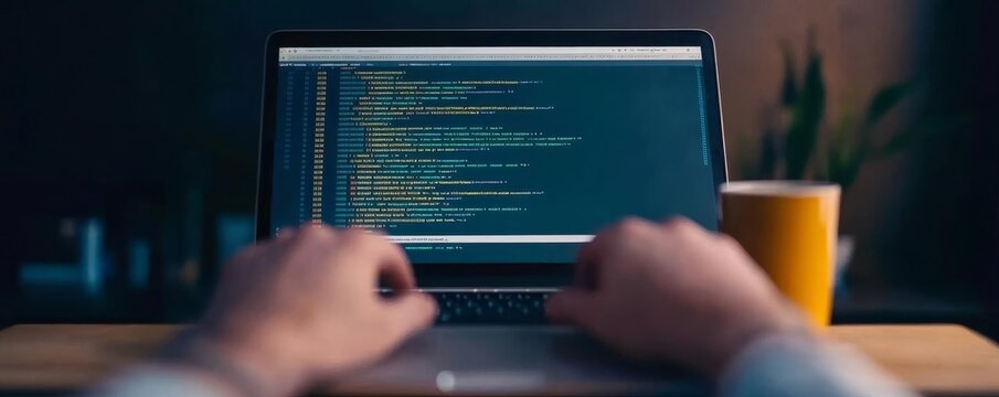 Developer working on laptop, code editor open, focused expression