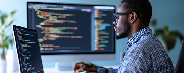 Developer writing code on desktop, organized workspace, high-tech feel