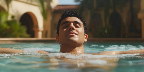 Young man with closed eyes relaxing in warm bubbling pool water, enjoying sun soaking luxury resort spa wellness summer holiday vacation relaxation leisure concept.
