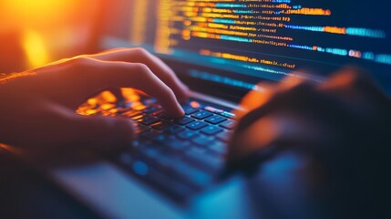 Hands on keyboard, bright screen with code, modern coding