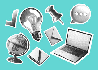 office elements collection, laptop, notebook, pin, light bulb, globe, checkmark, envelope and speech bubble, set of retro halftone effect elements