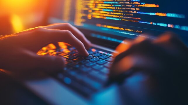 Hands on keyboard, bright screen with code, modern coding