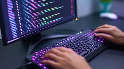 Hands on keyboard with code on monitor, intense coding session