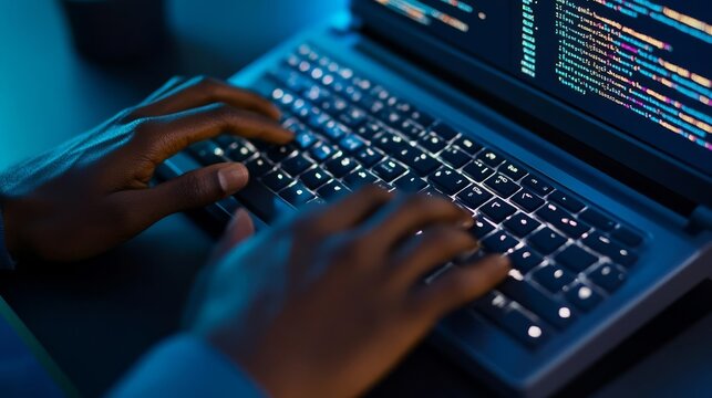 Hands on keyboard with code, close-up, modern coder