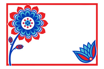 Blue red rectangle floral ornament corner frame on white background