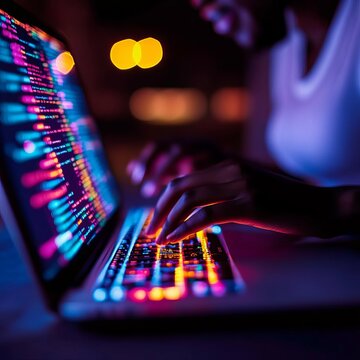 Over-the-shoulder shot of coder typing on laptop, colorful code