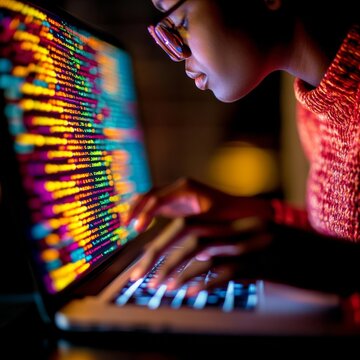 Over-the-shoulder shot of coder typing on laptop, colorful code