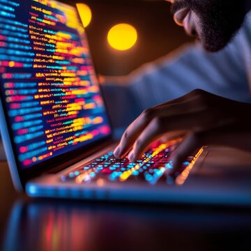Over-the-shoulder shot of coder typing on laptop, colorful code