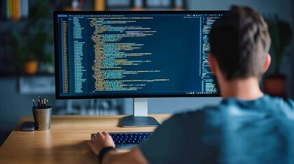 Programmer at desk with bright screen, intense coding