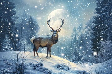Graceful deer walking through a winter wonderland, soft snow covering the forest floor, gentle snowfall