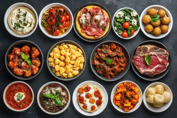 Top view of traditional Italian dishes gnocchi polenta carbonara arancini ossobuco Florentine steak ribollita parmigiana caprese salad and pasta