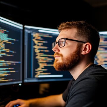 Programmer focused on coding, multiple monitors, bright screens
