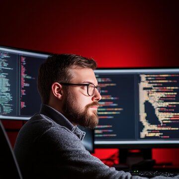 Programmer focused on coding, multiple monitors, bright screens